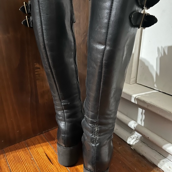 One Way Vintage NYC 80s black leather lace up chunky heel boots - Picture 3 of 6